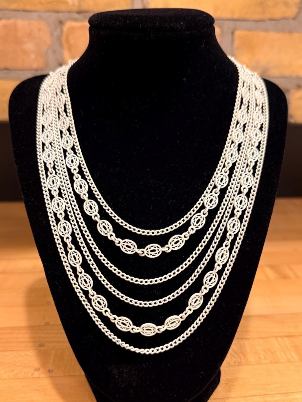 Vintage Monet White Multi-Strand Chain Necklace with Gold Tone Accents